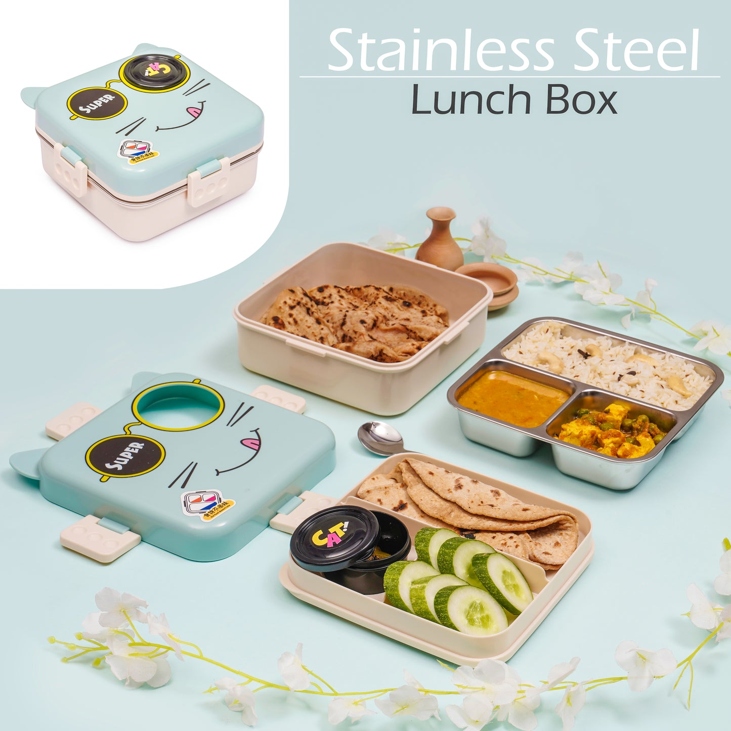 Kitten Square Stainless Steel Lunch Box
